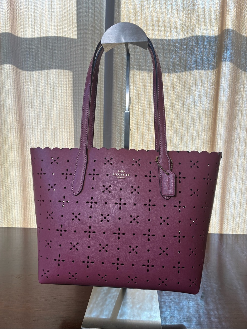 Coach Perforated Floral Scalloped Tote - Plum